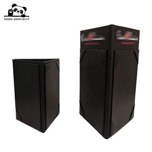 Custom Logo 5 X 7 Black PU Leather Cardboard <strong>Book</strong> 3 Panels Triple View Table Tent Menu Holder Hard Cover Table Top Display - Product Image 1