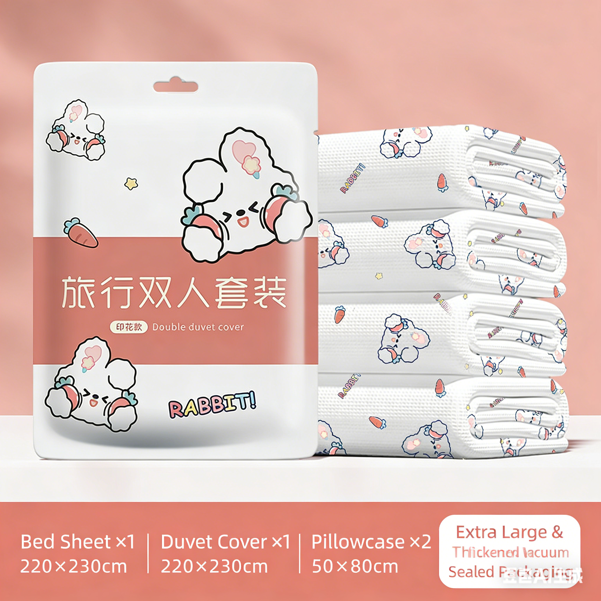 Ensemble de literie de voyage jetable imprimé lapin rose, 4 pièces