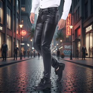 Pantalones de Hombre Transpirables y Elegantes de Cuero PU, Cintura Media, Corte Recto, Estilo Casual, Bordados y a la Moda - Product Image 3
