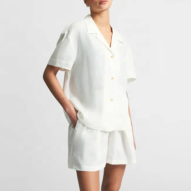Wholesale Custom Summer Designer Luxury Women's Solid Linen Sleepwear Shorts Sets Pyjamas Pjs Pj Pajamas For Women