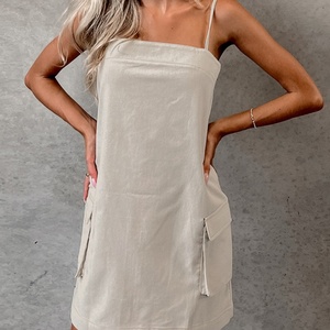 Nouvelle Robe Mini Décontractée pour Femme en Lin 100% Style Européen, à Bretelles, Volants, Taille Naturelle, Motif Uni, Tissée - Product Image 4