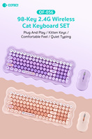 COTECi - Teclado y Ratón Inalámbricos Retro Redondos de 98 Teclas, Color Morado, con Diseño de Gato, para Oficina en Casa, Portátil, 2.4G