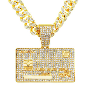 Collar de moda para hombre con colgante de tarjeta de crédito VISA, chapado en oro, con diamantes de imitación de 13 mm, cadena cubana de Miami, estilo HipHop Iced Bling - Product Image 1