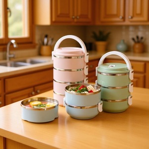 304 Stainless Steel Multi Layer <b>Lunch</b> <b>Box</b> Round Portable For Students And Office Workers Nordic Blue - Product Image 3