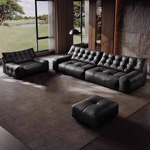 أريكة فاخرة على شكل سحابة من الجلد الطبيعي الفاخر بلون التوت الأسود العميق لعام 2026، تصميم خطي مدمج بثلاثة مقاعد لغرفة المعيشة الصغيرة - Product Image 4