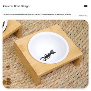 Bol à nourriture pour petits animaux, chiots, chats, animaux de compagnie, double/simple, en céramique, avec support en bambou, matériau sain pour les mangeoires pour chats et chiens - Product Image 3