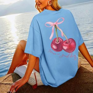 FOXA Oversized Cherry Printed T-Shirt Women 100% Cotton Breathable Summer Top With <b>Bow</b> Decoration - Product Image 2