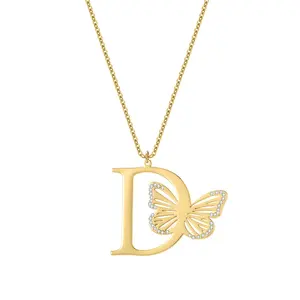 Waterproof 18k Gold Stainless Steel Jewelry Diamond Butterfly Pendant Initial Necklace For Women