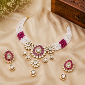 Elegant 925 <b>Silver</b> Necklace and Earrings Set with Pink and White Beads Traditional Indian Bridal Jewelry for Women - Product Image 2