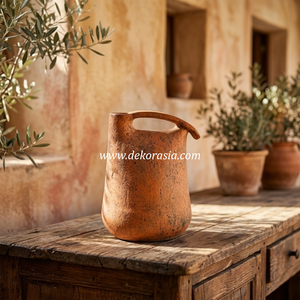 Jarrón de cerámica rústico color naranja Pava con asa elegante, maceta de cerámica para mesa, exportador mayorista - Product Image 6