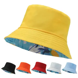 英冠新款定制刺绣标志可逆双面印花水桶帽纯色沙滩渔夫帽