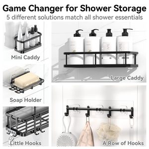 Portaoggetti <span class=keywords><strong>angolare</strong></span> per <span class=keywords><strong>doccia</strong></span> in acciaio inossidabile, senza foratura, adesivo, set da 5 pezzi per bagno - Product Image 3