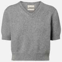 Pull en cachemire à col en V à manches courtes, tricoté uni, personnalisé en gros pour femmes