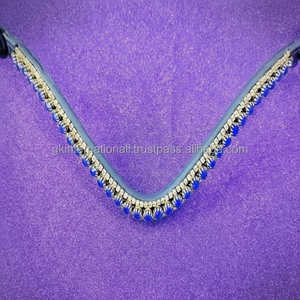 Banda Frontal de Cuero para Caballo de Carreras Ecuestres con Tres Hileras de Cristales Brillantes Azules y Dorados, Cadena Decorativa - Product Image 1