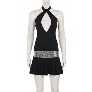 Vestido mini europeo sin espalda, sexy, con aberturas, cuello halter, lentejuelas, patchwork, bloques de color, para fiesta callejera, para mujer - Product Image 6