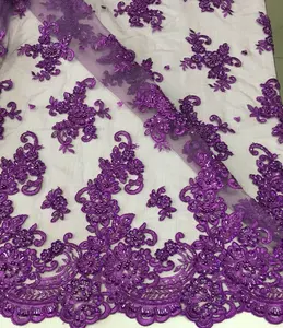 Cuentas mano bordado diseños púrpura con cuentas de encaje para vestidos de alta calidad bordado de encaje de tela para la venta