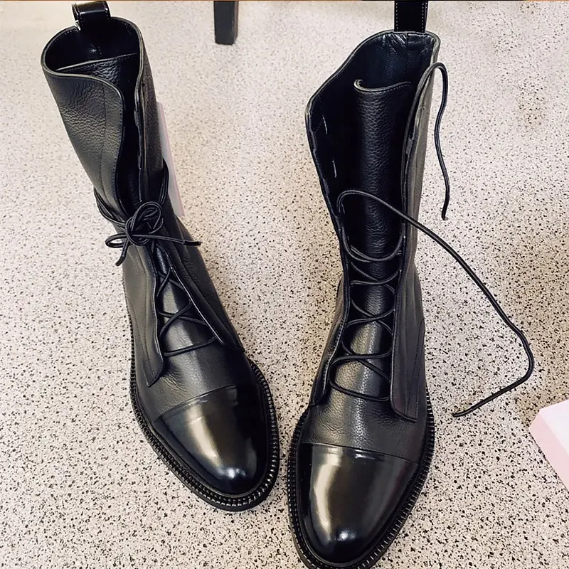 New Arrival Women Black Boots Winter Autumn Warm Leather Pu Patchwork Shoes Lace-Up Fashion Ladies Students Popular Ankle Boots