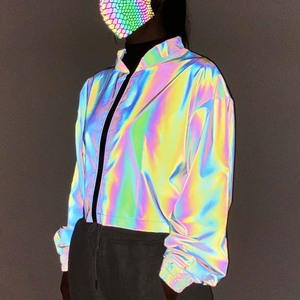 Mùa xuân mùa thu nữ của phụ nữ thời trang HI VIS mặc cầu vồng ngắn phản chiếu áo khoác Ins lỏng lớn sang trọng Kích thước đứng lên cổ áo khoác - Product Image 2