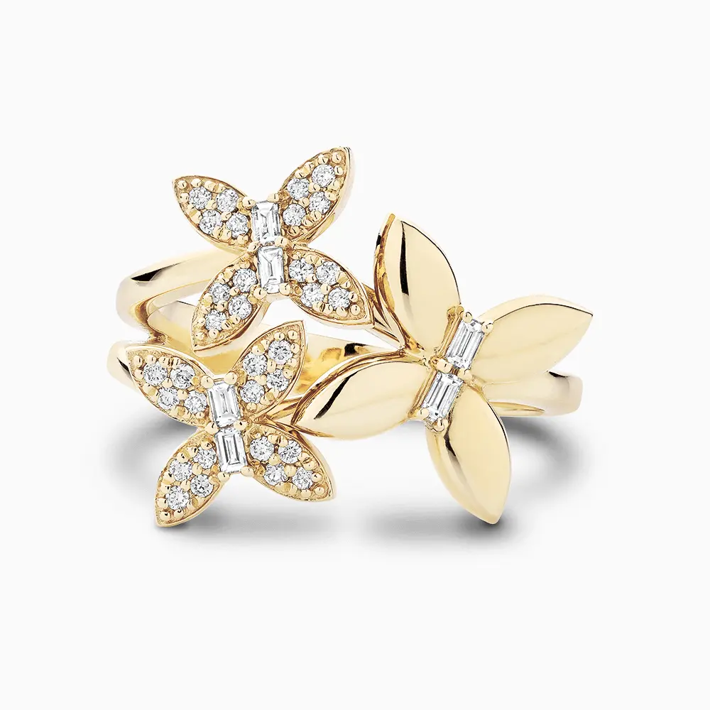 DiamondX 14 Karat Gold Diamanten im natürlichen Baguette-Schliff und Diamanten im Brillant schliff Pave Butterfly Trio Ring
