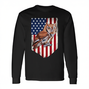 Maglietta a maniche lunghe con bandiera americana Eastern Screech Owl, design del 4 luglio - Product Image 2
