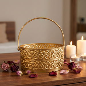 Cesta de metal redonda de corte láser de latón AK con asa en acabado dorado para decoración de hotel/decoración del hogar - Product Image 3