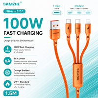 SAMZHE Cable Trenzado 3 en 1 USB-A a C/C/L de 1.5m, Cable de Carga Rápida Tipo-C PD100W 6A para iPhone 17/16 CarPlay Android Xiaomi