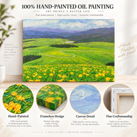 Peinture sur toile moderne, prairie de fleurs jaunes, sentier sinuose, montagnes violettes, art mural peint à la main, décoration intérieure