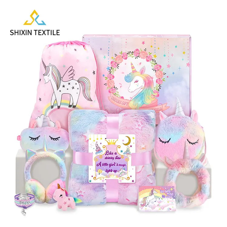 Scatola regalo di compleanno cesto per ragazze con unicorno bagliore nel buio gettano coperta 50x60in fascia per occhi