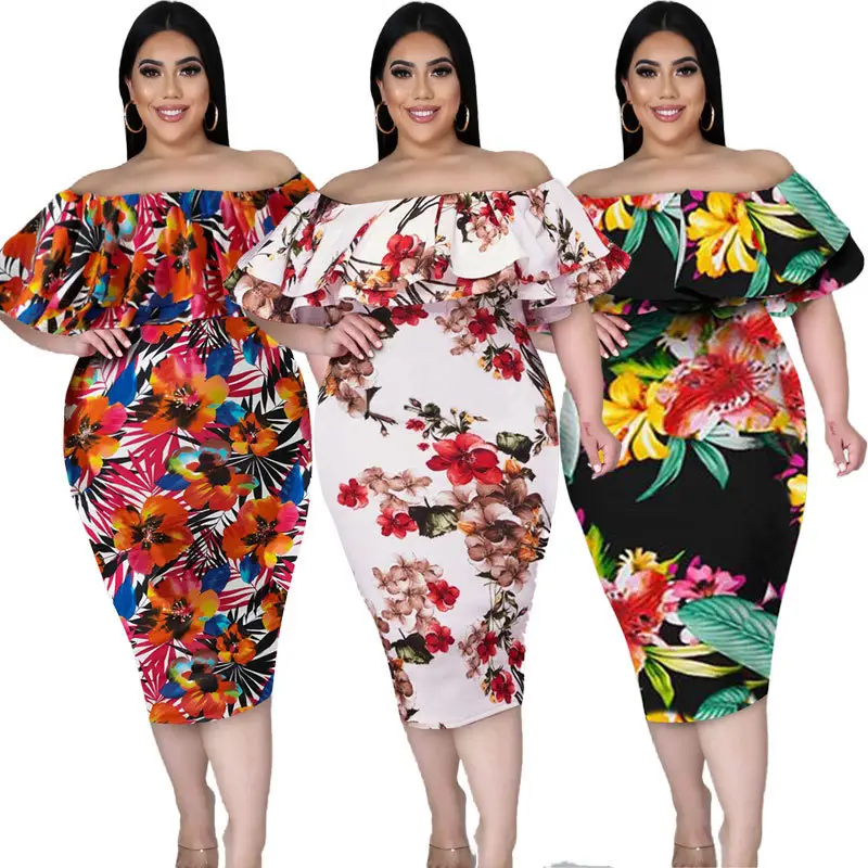 XL-5XL Designer Plus Size Dresses Women Maxi Dress Printed Floral Layered Ruffle Off Shoulder Dress