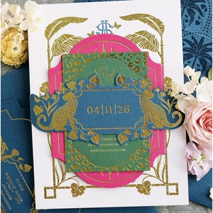 Carte de vœux personnalisée en papier cartonné bleu, motif floral léopard doré, estampage à chaud, doublure d'enveloppe, impression offset - Product Image 3