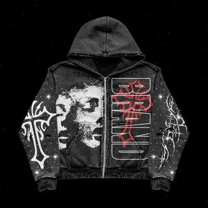 Sudadera con Capucha Extra Grande de Algodón 100% con Estampado Gráfico Vintage Desgastado con Lavado Ácido, Estilo Urbano, para Otoño - Product Image 1