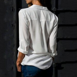 优雅女性长袖t恤夏季实心休闲通勤t恤顶级女性城市宽松t恤 - Product Image 2