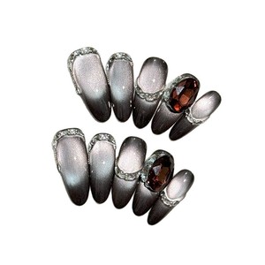 Faux ongles à presser œil de chat français, <span class=keywords><strong>violet</strong></span> <span class=keywords><strong>foncé</strong></span> galaxie, faits main, avec accents dégradés nude et petits strass, amovibles, ultra-fins, artificiels - Product Image 5