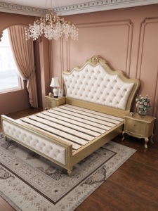 European Upholstered King <b>Size</b> Soft <b>Bed</b> Beige Fabric Headboard Box Spring <b>Frame</b> - Product Image 1