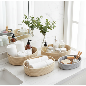 Paniers de rangement pliables en corde de coton tressée, personnalisables en couleur et taille, pour la décoration intérieure et l'organisation des articles divers (sûrs pour les aliments) - Product Image 1