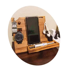 可折叠木质手机支架定制雕刻床头柜收纳器，带电话充电站、手表、钥匙、钱包支架