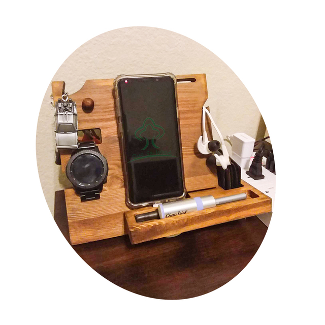 Foldable Wood Cell Phone Stand Custom Engraved Nightstand Organizer with Phone Charge Station, Watch, Key, Wallet Stand