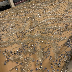 Crystal Beaded Embroidery <b>Fabric</b> with Lace Pattern Handmade Textile for Wedding Dress Evening Gown Couture Designer Apparel - Product Image 1