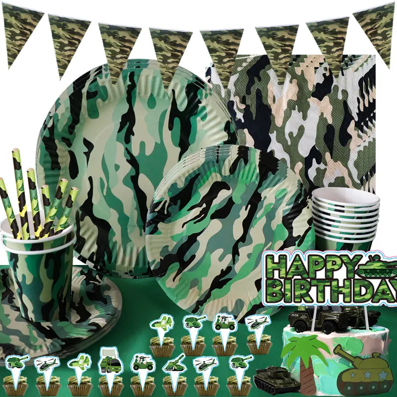 Vajilla desechable de camuflaje militar para decoración de fiesta, suministros para fiesta de cumpleaños de soldado