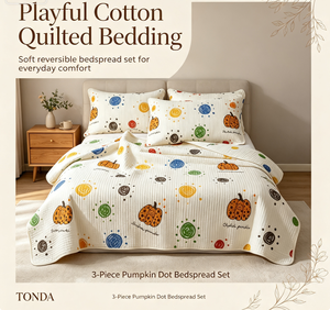Set Copriletto Trapuntato a 3 Pezzi in Cotone 100% con Motivo Floreale e Zucche, con Federe e Lenzuolo con Angoli e Federe - Product Image 1