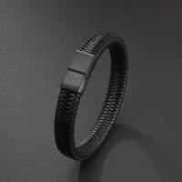 Bracelet en cuir noir à fermoir magnétique tressé vintage pour homme, bijoux de luxe en gros