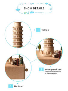 Caja de música de madera de Torre Inclinada de arquitectura famosa con coche en movimiento mecánico ecológico madera de haya sin batería - Product Image 4
