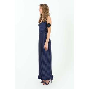Women's Elegant Pleated Long Satin Skirt by Soul - Stylish Navy Blue A-Line Design for Special Occasions and Everyday Wear - Product Image 2