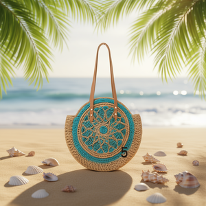 Sac de plage rond en paille Angelina 45x45cm, tissé à la main, style bohème - Product Image 2