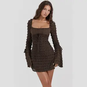 Elegant Brown Party Dress Women Sexy Mini Dresses For Women Casual Long Sleeve Square Neck Jacquard Evening Dress 2023 2505