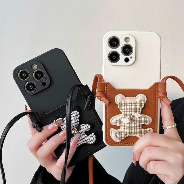 Fashionable Female Bear Crossbody TPU Lanyard Leather Phone Case with Card Holder Wallet for iPhone 16 15 14 13 Pro Max