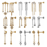 Boucle d'oreille céleste à triple chaîne en acier inoxydable 316L, clou plat pour femme, bijou d'oreille hélice étoile filante