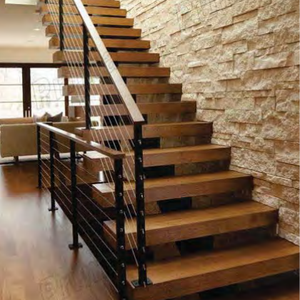 Escalier moderne à marches ouvertes avec marches en bois massif et poutre en acier, garde-corps en câble noir et <span class=keywords><strong>balustrade</strong></span> en verre pour villa de luxe - Product Image 2