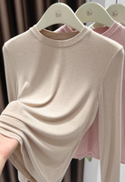 T-shirt Femme à Col Montant et Manches Longues Anti-Plis en Tricot Viscose/Acrylique/Spandex, Coupe Slim Légère, Pull Basique Décontracté