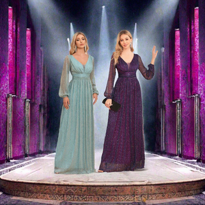 Abiti da Sera di Lusso in Raso Chic da Donna Abiti da Damigella d'Onore <span class=keywords><strong>Maniche</strong></span> <span class=keywords><strong>Lunghe</strong></span> Scollo a V Fodera Lucida Formale Elasticizzato - Product Image 3